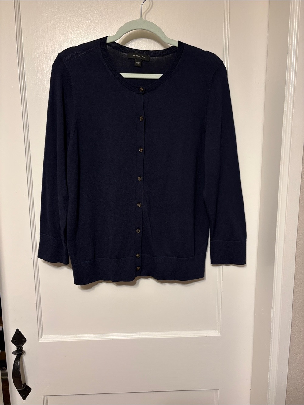 Ann Taylor Navy Refined Crewneck Button Cardigan